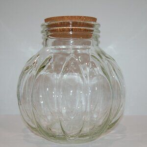 Large Vtg Clear Glass Pumpkin Apothecary Jar Canister Cork Lid Green Tint 10.5"
